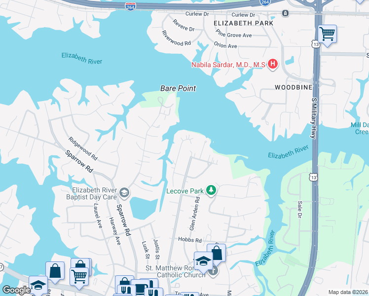 map of restaurants, bars, coffee shops, grocery stores, and more near 3545 Byrn Brae Drive in Virginia Beach