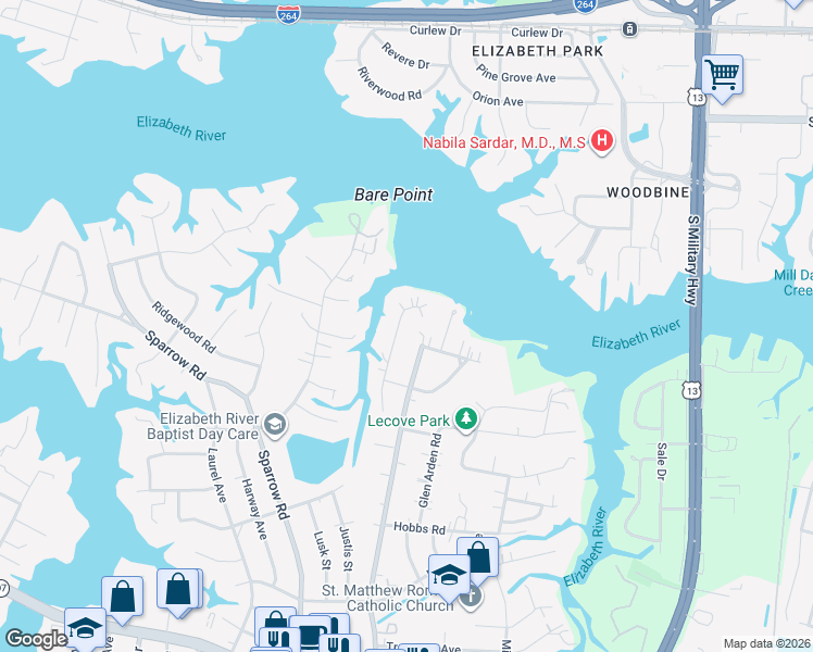 map of restaurants, bars, coffee shops, grocery stores, and more near 3545 Byrn Brae Drive in Virginia Beach