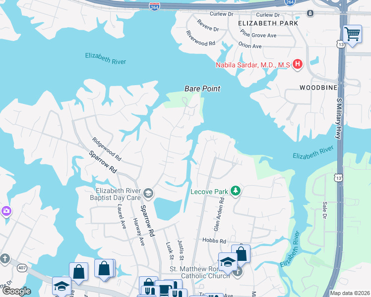 map of restaurants, bars, coffee shops, grocery stores, and more near 813 Cleary Court in Virginia Beach