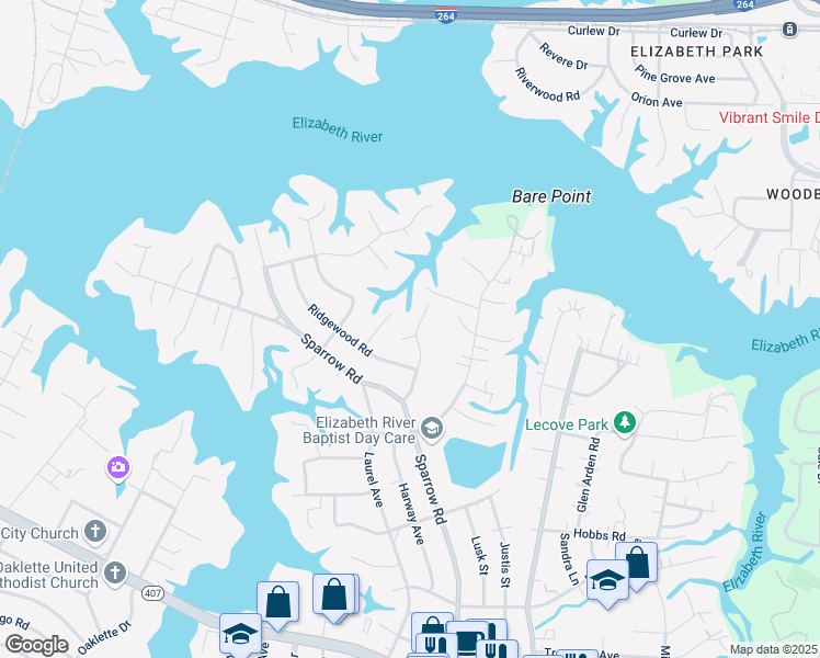 map of restaurants, bars, coffee shops, grocery stores, and more near 4009 Ridgewood Court in Chesapeake