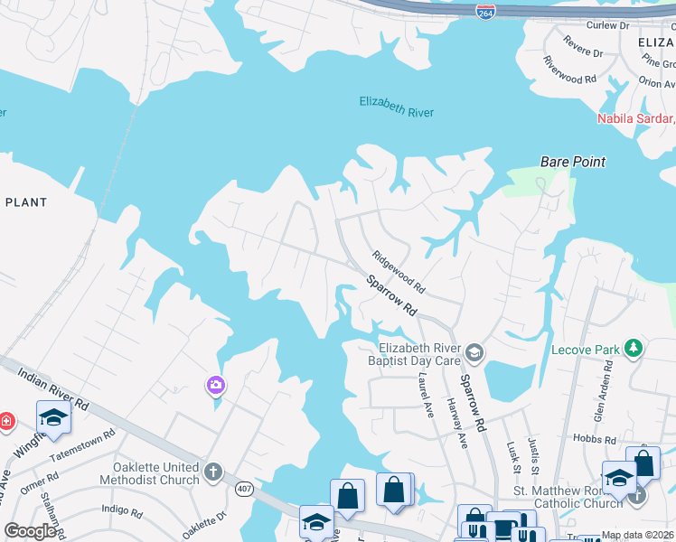 map of restaurants, bars, coffee shops, grocery stores, and more near 221 Sparrow Road in Chesapeake