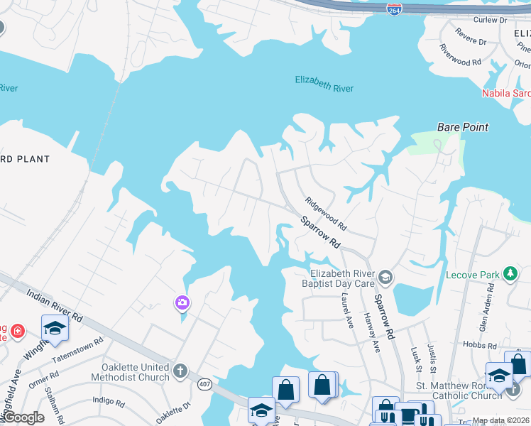 map of restaurants, bars, coffee shops, grocery stores, and more near 210 Sparrow Road in Chesapeake