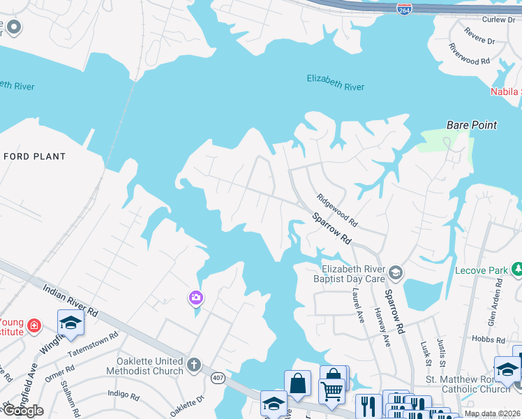 map of restaurants, bars, coffee shops, grocery stores, and more near 104 Sparrow Lane in Chesapeake