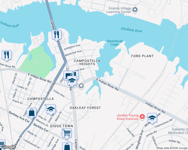 map of restaurants, bars, coffee shops, grocery stores, and more near 1000 Waltham Street in Norfolk