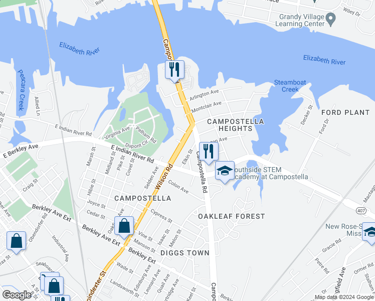 map of restaurants, bars, coffee shops, grocery stores, and more near 902 Wilson Road in Norfolk