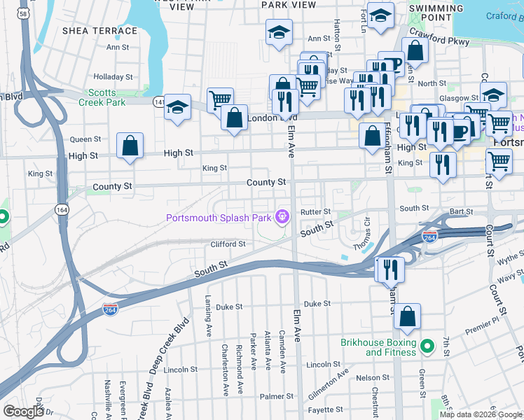 map of restaurants, bars, coffee shops, grocery stores, and more near 1309 Columbia Street in Portsmouth