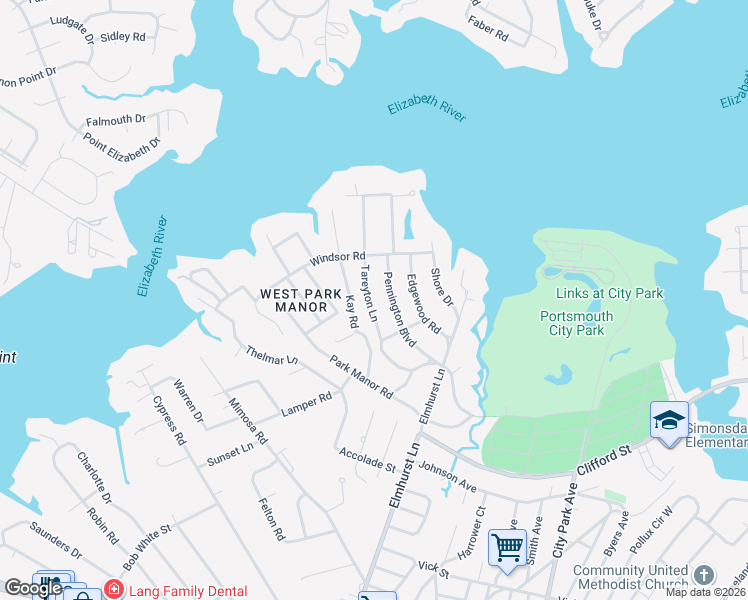 map of restaurants, bars, coffee shops, grocery stores, and more near 315 Pennington Boulevard in Portsmouth