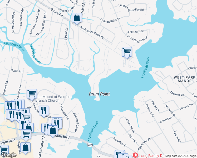 map of restaurants, bars, coffee shops, grocery stores, and more near 3887 Bruce Road in Chesapeake