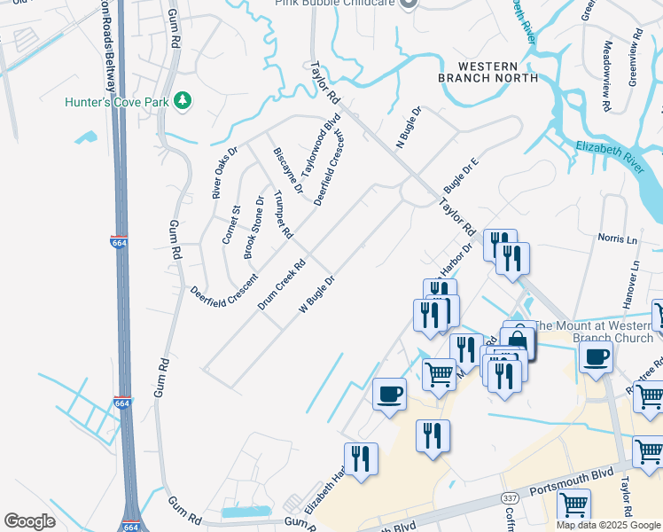 map of restaurants, bars, coffee shops, grocery stores, and more near 604 Trumpet Road in Chesapeake