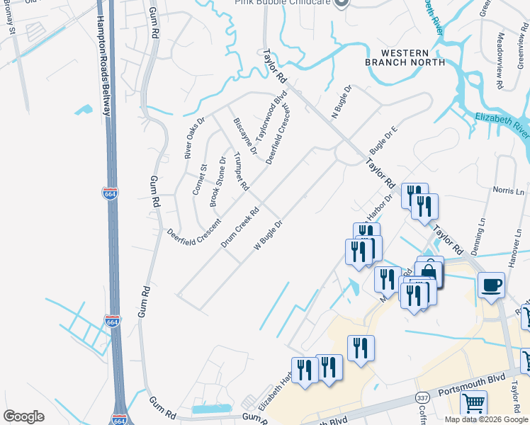 map of restaurants, bars, coffee shops, grocery stores, and more near 2500 Drum Creek Road in Chesapeake