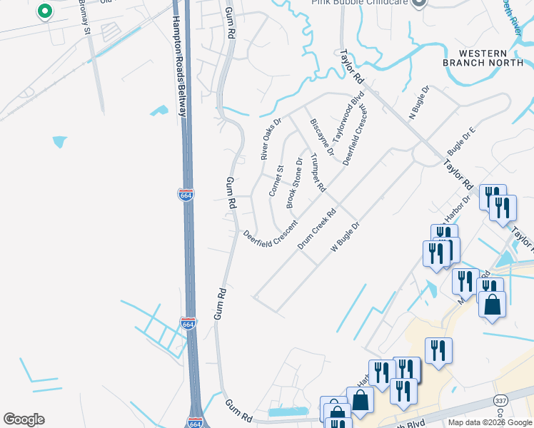 map of restaurants, bars, coffee shops, grocery stores, and more near 2721 River Oaks Drive in Chesapeake