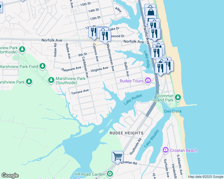 map of restaurants, bars, coffee shops, grocery stores, and more near 405 Terrace Court in Virginia Beach