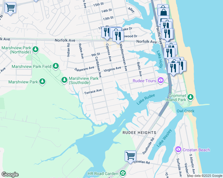 map of restaurants, bars, coffee shops, grocery stores, and more near 712 Terrace Avenue in Virginia Beach