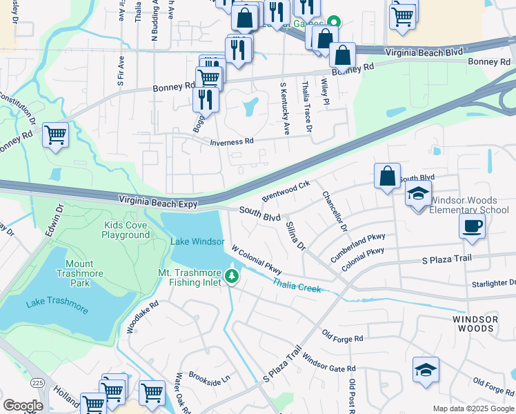 map of restaurants, bars, coffee shops, grocery stores, and more near 3960 Brentwood Crescent in Virginia Beach