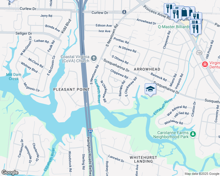 map of restaurants, bars, coffee shops, grocery stores, and more near 301 Caddoan Turn in Virginia Beach