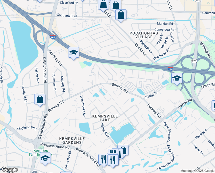map of restaurants, bars, coffee shops, grocery stores, and more near 4953 Bonney Road in Virginia Beach