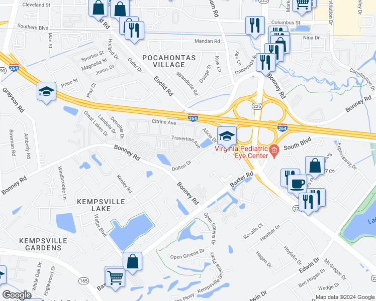 map of restaurants, bars, coffee shops, grocery stores, and more near 200-298, 201-299 Taco Lane in Virginia Beach
