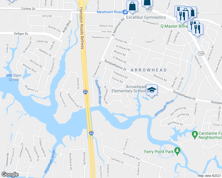 map of restaurants, bars, coffee shops, grocery stores, and more near 301 Caddoan Turn in Virginia Beach