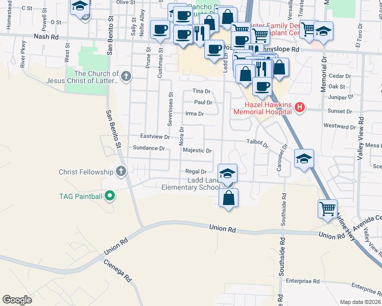 map of restaurants, bars, coffee shops, grocery stores, and more near 361 Majestic Drive in Hollister