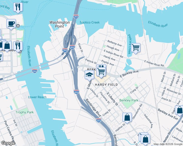 map of restaurants, bars, coffee shops, grocery stores, and more near 701 South Main Street in Norfolk