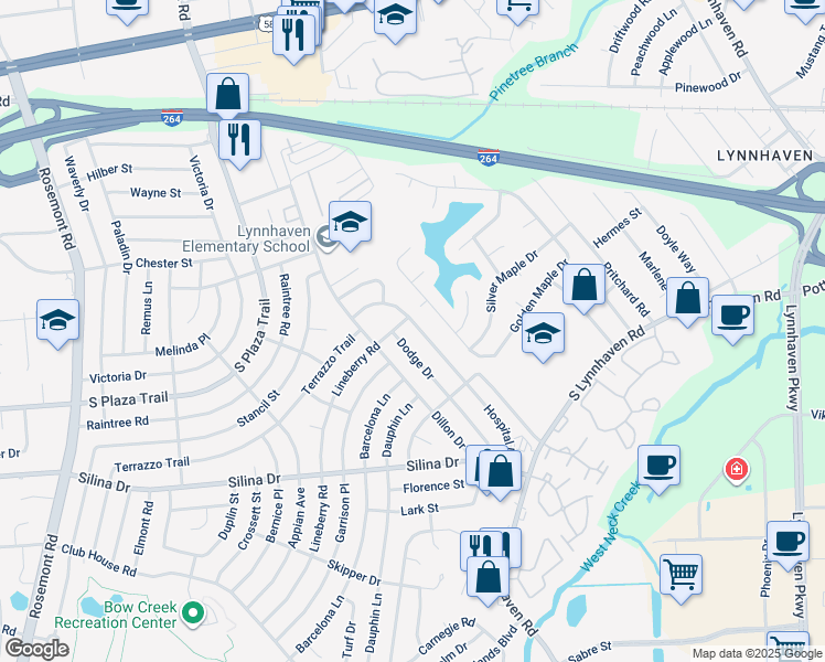 map of restaurants, bars, coffee shops, grocery stores, and more near 305 Hospital Drive in Virginia Beach