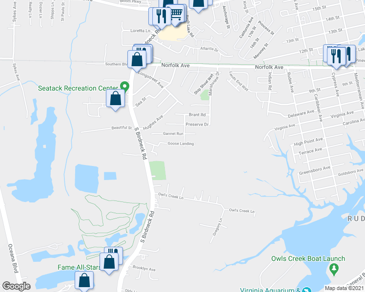 map of restaurants, bars, coffee shops, grocery stores, and more near 1401 Goose Landing in Virginia Beach