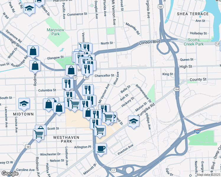 map of restaurants, bars, coffee shops, grocery stores, and more near 1410 Wool Avenue in Portsmouth