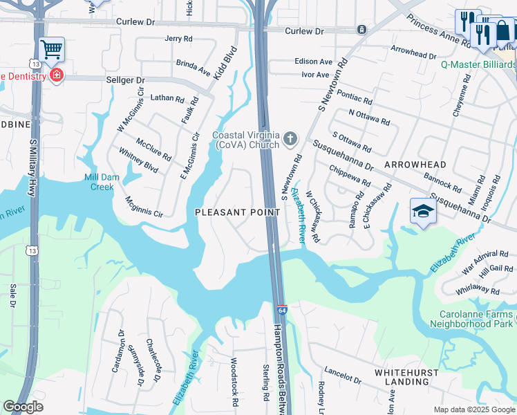 map of restaurants, bars, coffee shops, grocery stores, and more near 375 Dorwin Drive in Norfolk