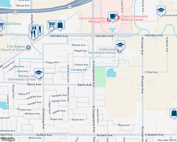 map of restaurants, bars, coffee shops, grocery stores, and more near 2539 Los Altos Avenue in Clovis