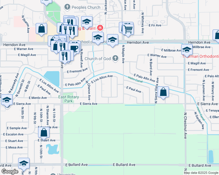 map of restaurants, bars, coffee shops, grocery stores, and more near 6649 North Meridian Avenue in Fresno