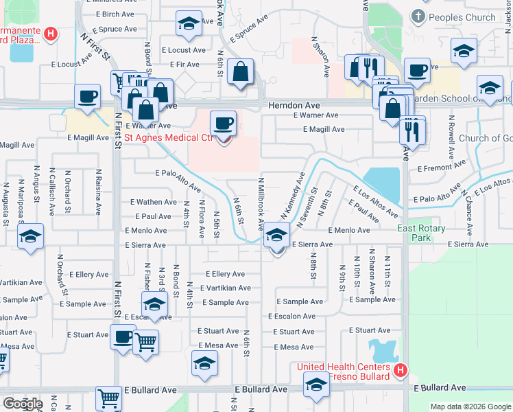 map of restaurants, bars, coffee shops, grocery stores, and more near 6498 North Millbrook Avenue in Fresno