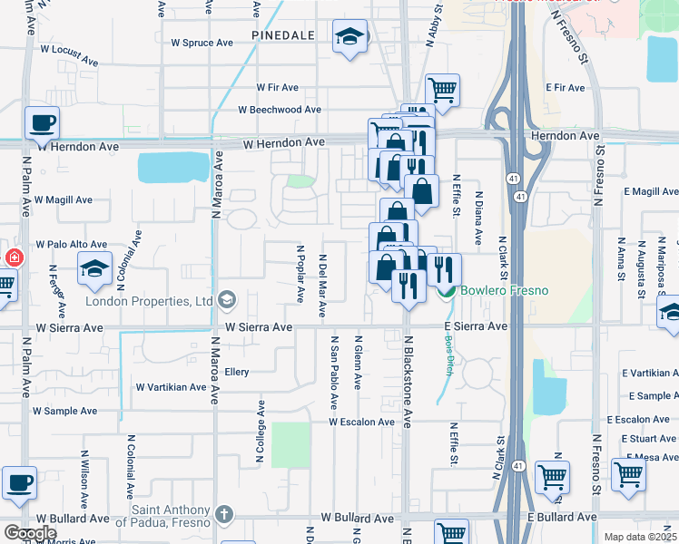 map of restaurants, bars, coffee shops, grocery stores, and more near 6526 North San Pablo Avenue in Fresno
