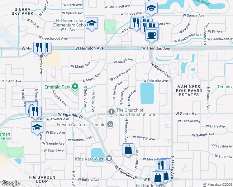 map of restaurants, bars, coffee shops, grocery stores, and more near 6535 North Tamera Avenue in Fresno
