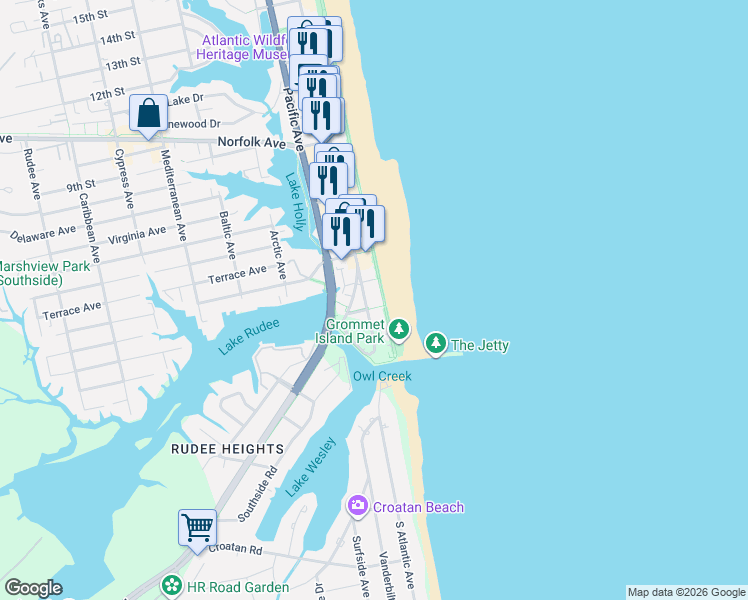 map of restaurants, bars, coffee shops, grocery stores, and more near 303 Atlantic Avenue in Virginia Beach