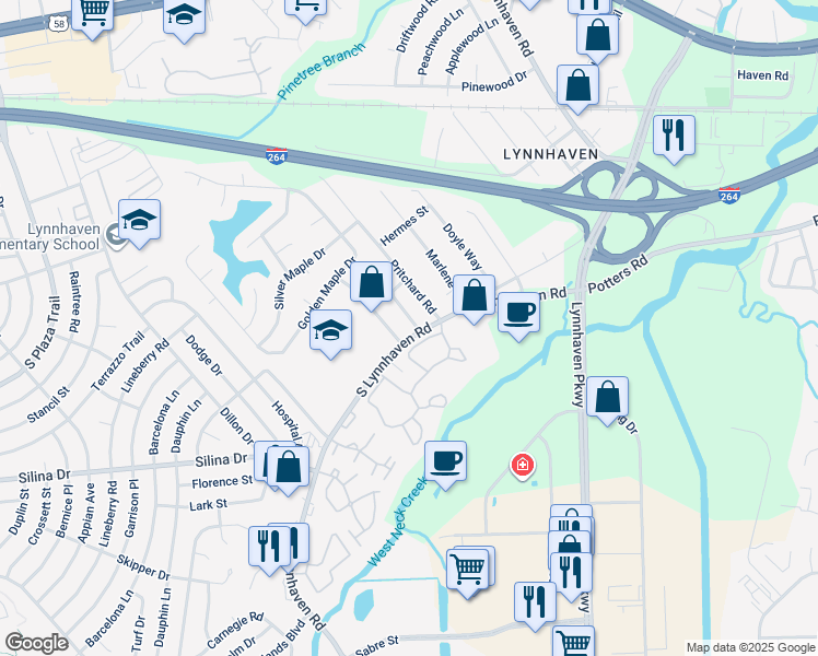 map of restaurants, bars, coffee shops, grocery stores, and more near 237 Tobin Arch in Virginia Beach