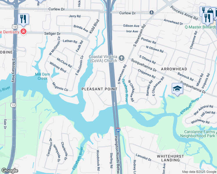 map of restaurants, bars, coffee shops, grocery stores, and more near 375 Dorwin Drive in Norfolk