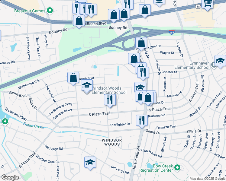 map of restaurants, bars, coffee shops, grocery stores, and more near 3709 Teakwood Drive in Virginia Beach