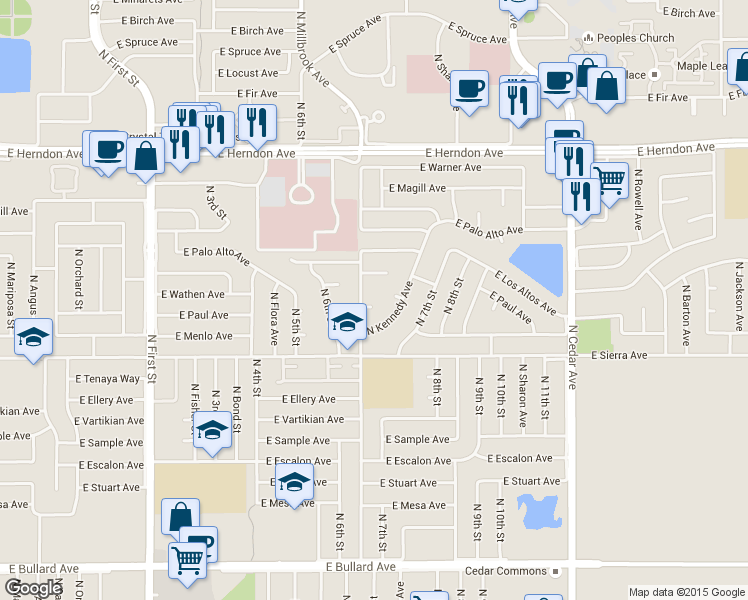 map of restaurants, bars, coffee shops, grocery stores, and more near 6498 North Millbrook Avenue in Fresno