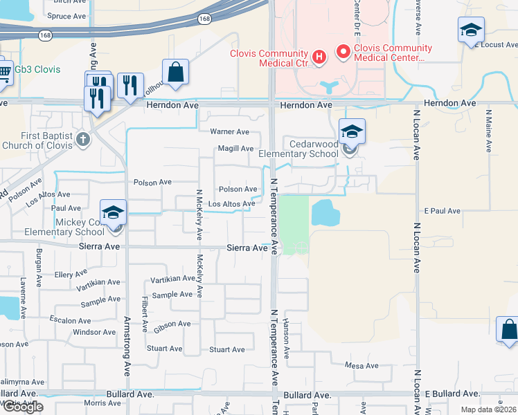 map of restaurants, bars, coffee shops, grocery stores, and more near 2539 Los Altos Avenue in Clovis