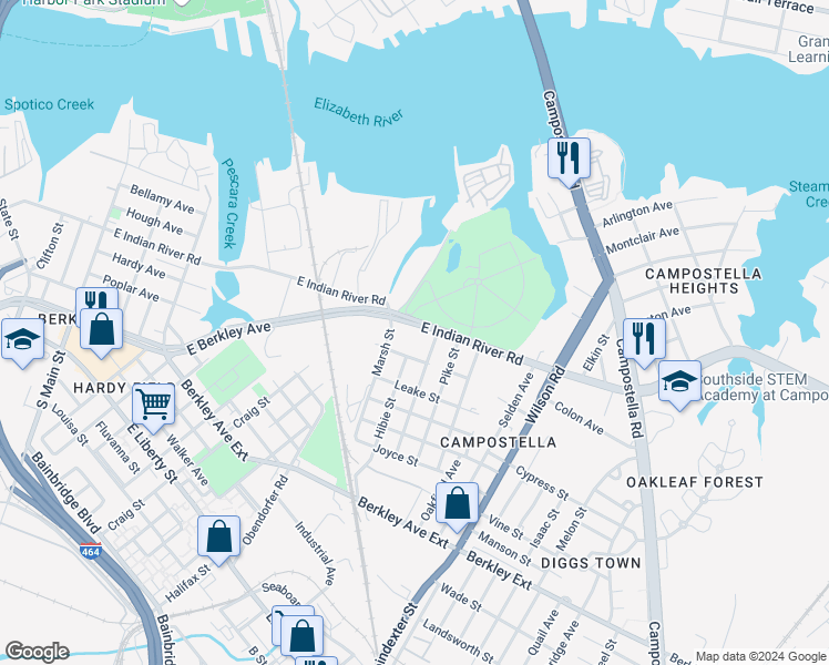 map of restaurants, bars, coffee shops, grocery stores, and more near 791 East Indian River Road in Norfolk
