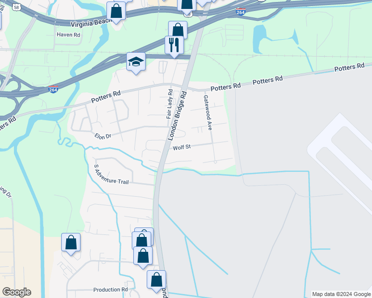 map of restaurants, bars, coffee shops, grocery stores, and more near 2265 Wolf Street in Virginia Beach