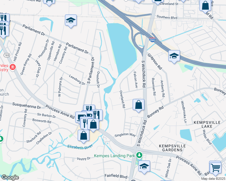 map of restaurants, bars, coffee shops, grocery stores, and more near 5212 Overland Court in Virginia Beach