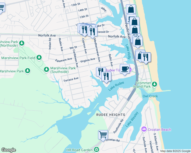 map of restaurants, bars, coffee shops, grocery stores, and more near 408 Terrace Court in Virginia Beach