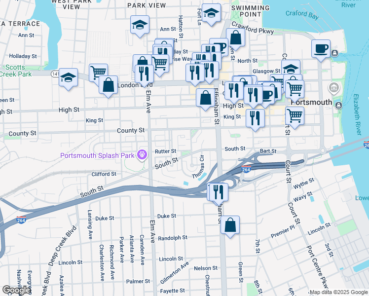 map of restaurants, bars, coffee shops, grocery stores, and more near 610 Rutter Street in Portsmouth