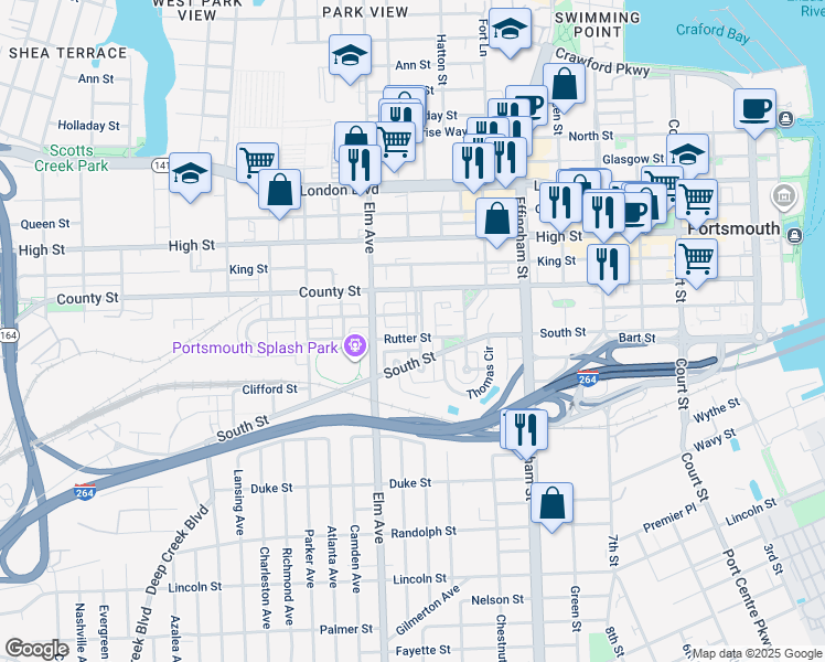 map of restaurants, bars, coffee shops, grocery stores, and more near 740 Bismarck Myrick Street in Portsmouth