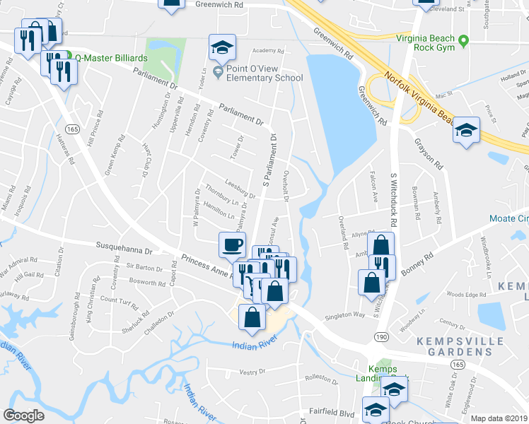 map of restaurants, bars, coffee shops, grocery stores, and more near 276 South Parliament Drive in Virginia Beach