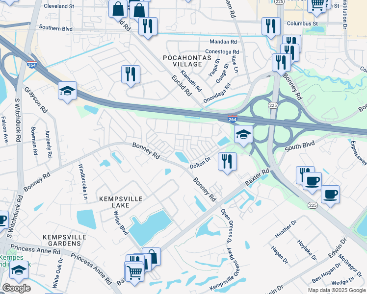 map of restaurants, bars, coffee shops, grocery stores, and more near 224 Breccia Lane in Virginia Beach