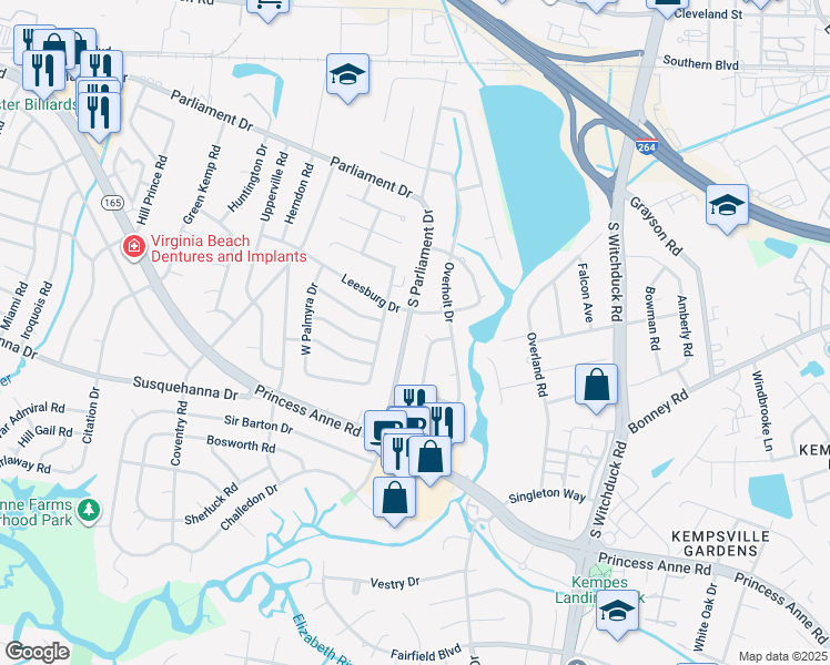 map of restaurants, bars, coffee shops, grocery stores, and more near 276 South Parliament Drive in Virginia Beach