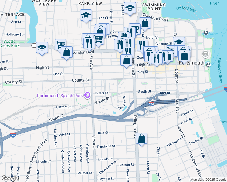 map of restaurants, bars, coffee shops, grocery stores, and more near 610 Rutter Street in Portsmouth