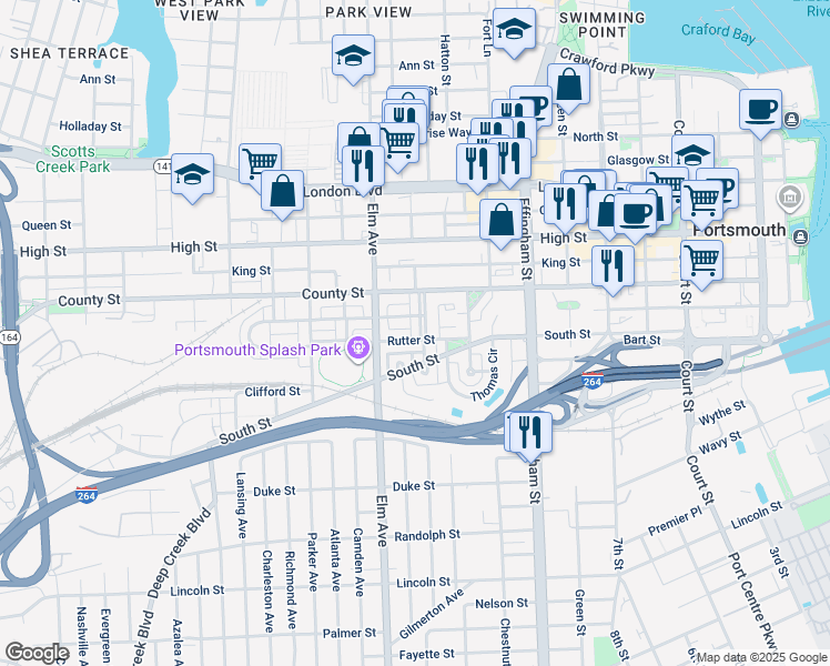 map of restaurants, bars, coffee shops, grocery stores, and more near 740 Bismarck Myrick Street in Portsmouth